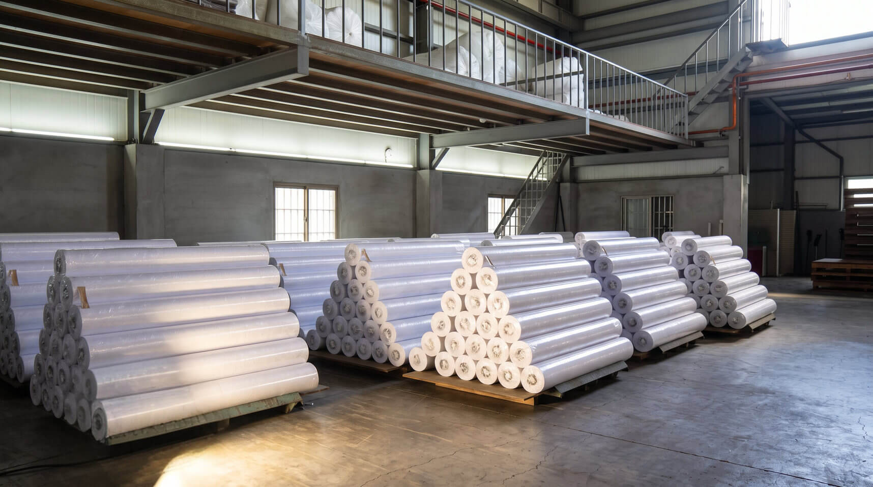 Rolls of finished Tai-fun fabric stacked in the warehouse